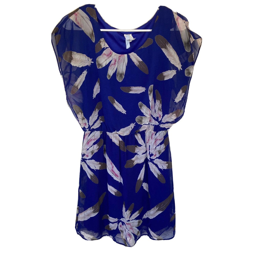 Teenplo Dress Sz Med Royal Blue Double Lined Feathers Elastic Waist Flowy Summer